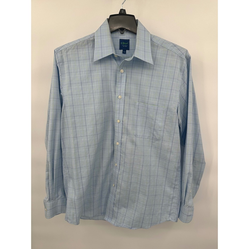 Haspel Mens Dress Shirt 15.5 34/35‎ M Blue Plaid Checkered Long Sleeve Non-Iron